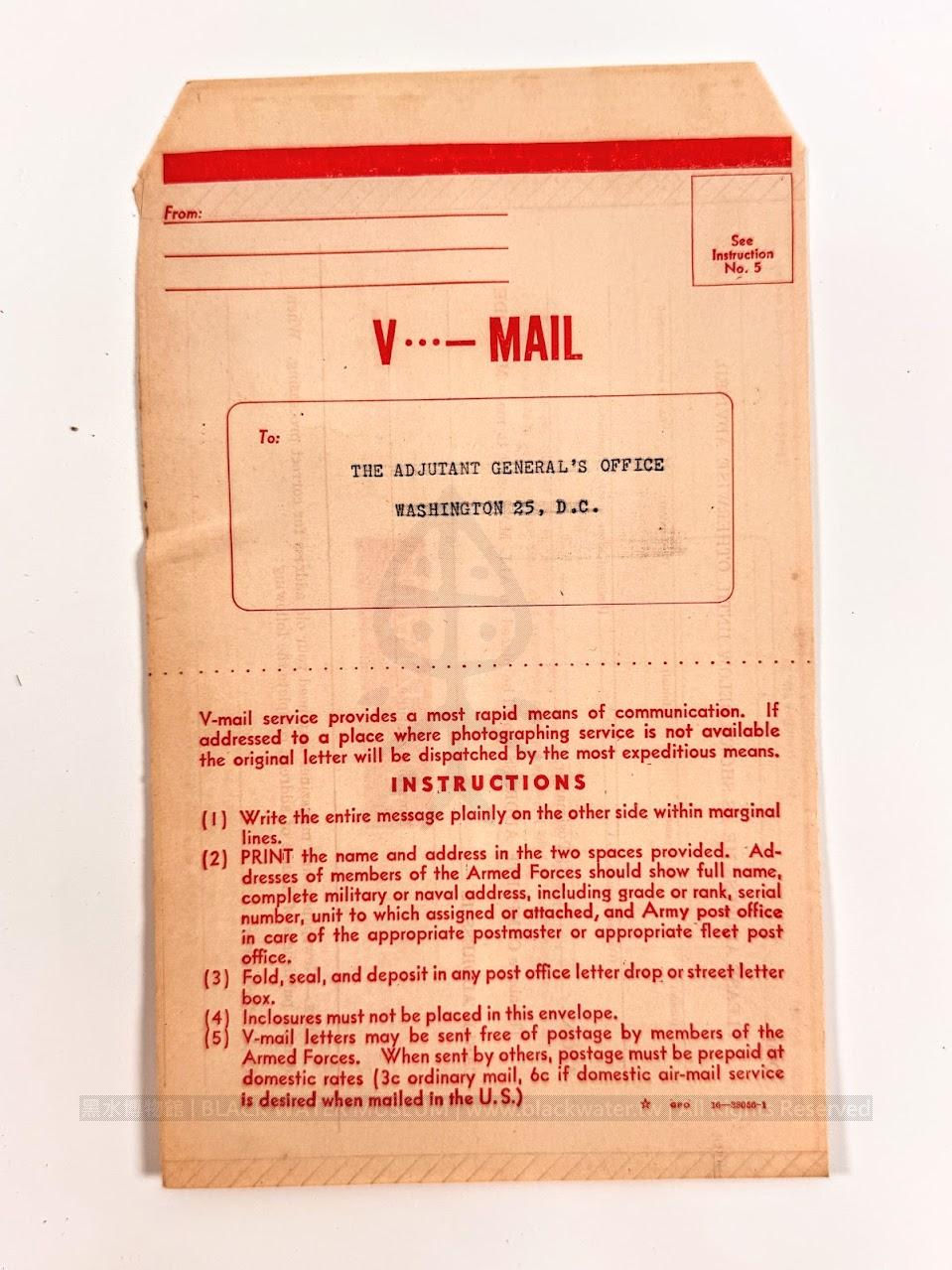 民國33年 (1944) 美國陸軍部副官長辦公室第971號 V-Mail（勝利郵件）地址變更通知單 （已預打陸軍部副官長收件地址） - 富比世中尉遺物