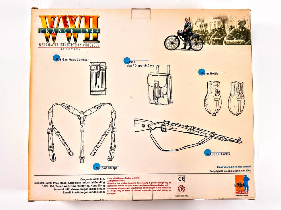 WWII France 1944 — Wehrmacht Infantryman w/Bicycle (Schütze) "Dieter", 1/6 Scale Fully Poseable 12" Action Figure with Truppenfahrrad, Dragon Models, 2002
民國33年(1944)法國戰區德意志國防軍二兵「迪特」(Dieter)1/6比例可動人形(附Truppenfahrrad軍用自行車)《Black Water Museum Collections | 黑水博物館館藏》