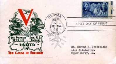 美國郵政,民國31年7月7日發行,中華民國抗戰五周年5分美元郵票(SCOT 906)伏羲龍及美國鷹首日封