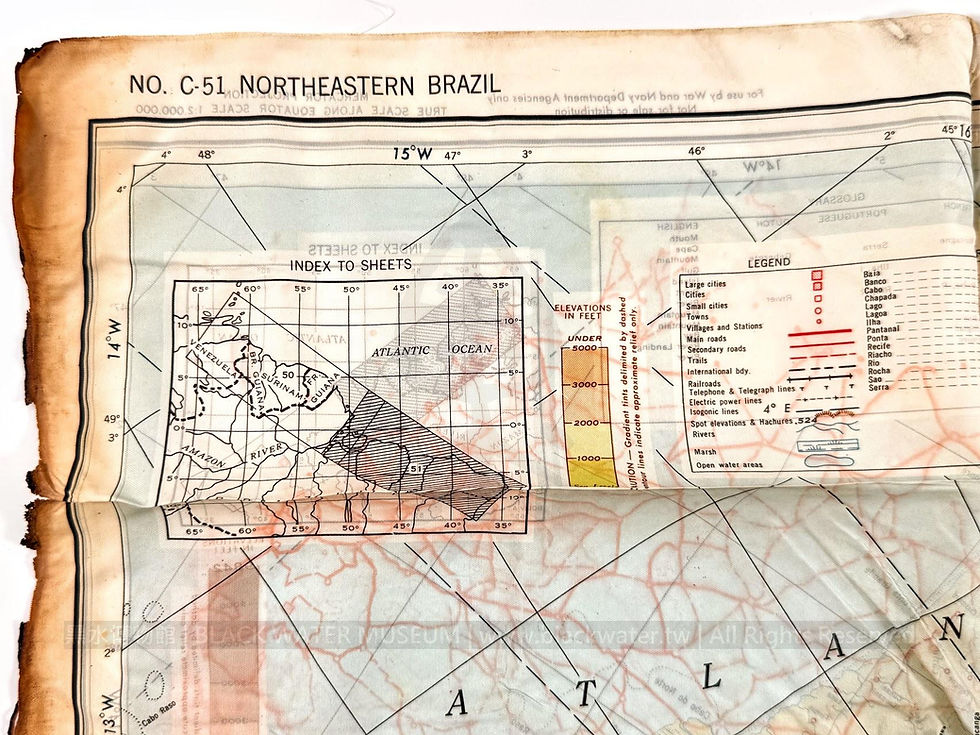 1944 USAAF Double-Sided Silk Aeronautical Chart - No. C-50 British and French Guiana & No. C-51 Northeastern Brazil (Relic of 1st Lt. Douglas M. Forbes)
民國33年 (1944)美國陸軍航空隊 C-50英屬與法屬圭亞那與C-51巴西東北部雙面絲質航圖(道格拉斯·M·富比世中尉遺物)《Black Water Museum Collections | 黑水博物館館藏》