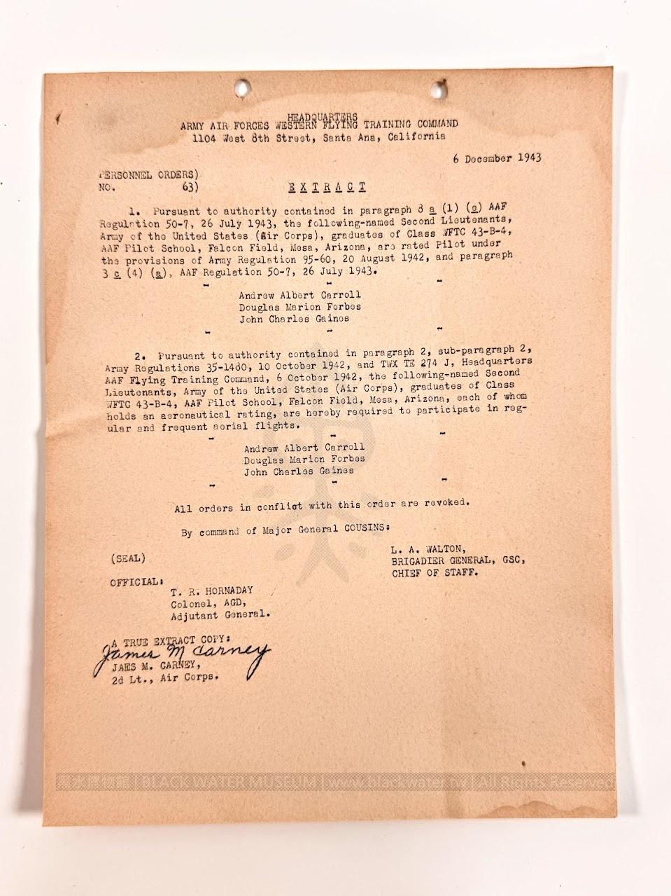 WWII USAAF Pilot's Training Record - Douglas Marion Forbes, Air Transport Command (ATC), Ferrying Division
二戰美國陸軍航空隊空運司令部 道格拉斯·馬里昂·富比世(Douglas Marion Forbes)飛行員訓練與服役紀錄檔案夾《Black Water Museum Collections | 黑水博物館館藏》