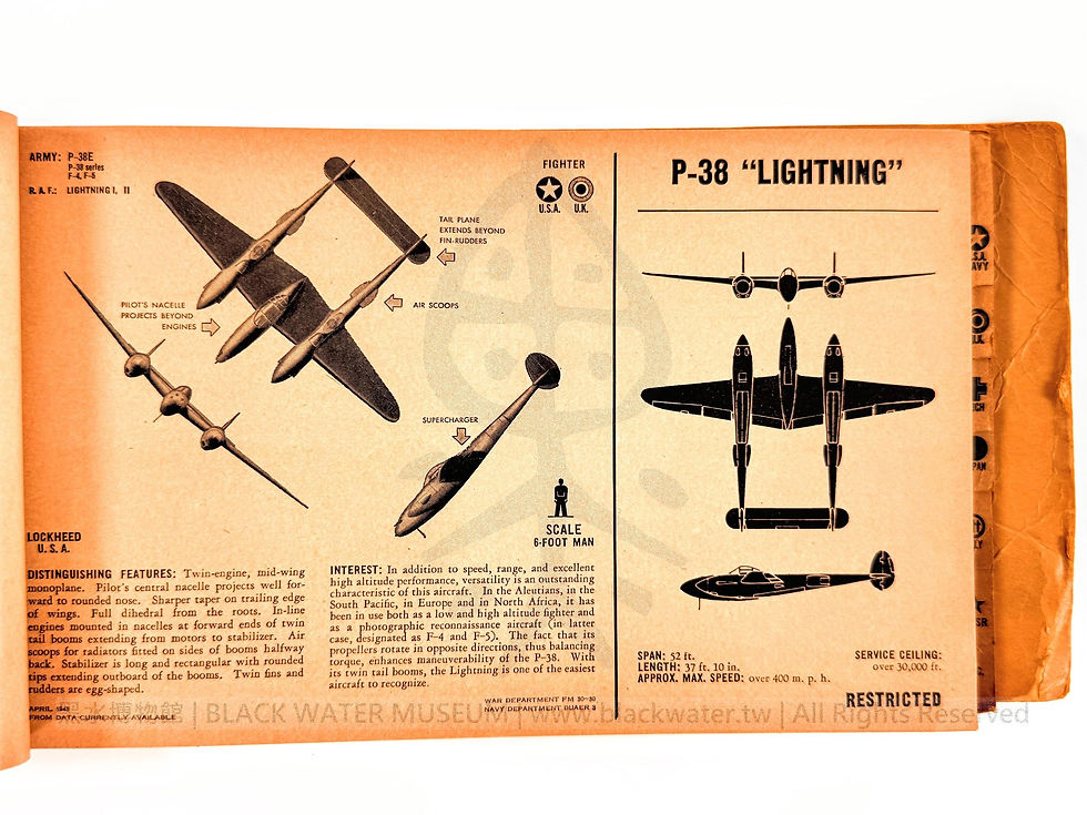 1943 U.S. Army and Navy FM 30-30 / BUAER 3 Aircraft Recognition Pictorial Manual
民國32年(1943) 美國陸海軍 FM 30-30 BUAER 3《飛行器目視識別圖冊》《Black Water Museum Collections | 黑水博物館館藏》