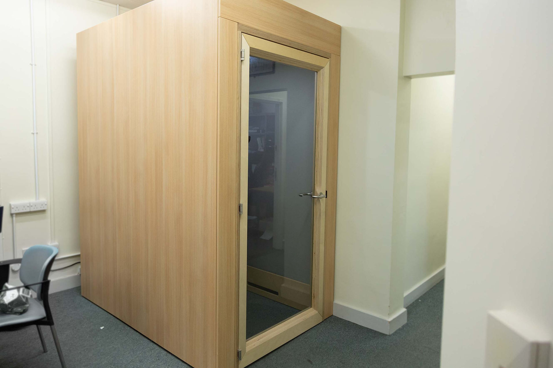 A large modular soundproof pod with 2 screens installed at The Royal Wolverhampton NHS Trust