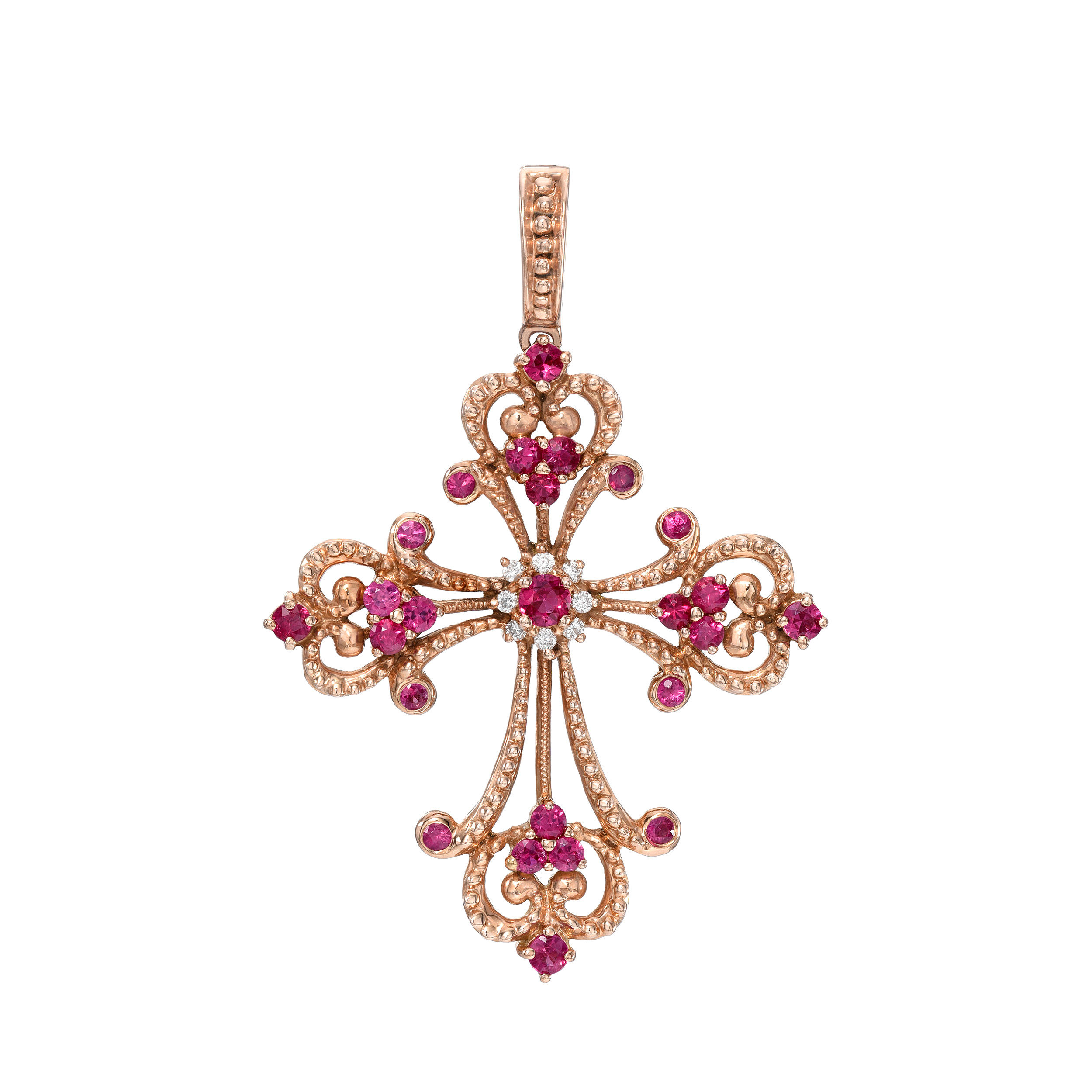 CIUR 14k Rose Gold Ruby & Diamond Vintage Milgrain Cross