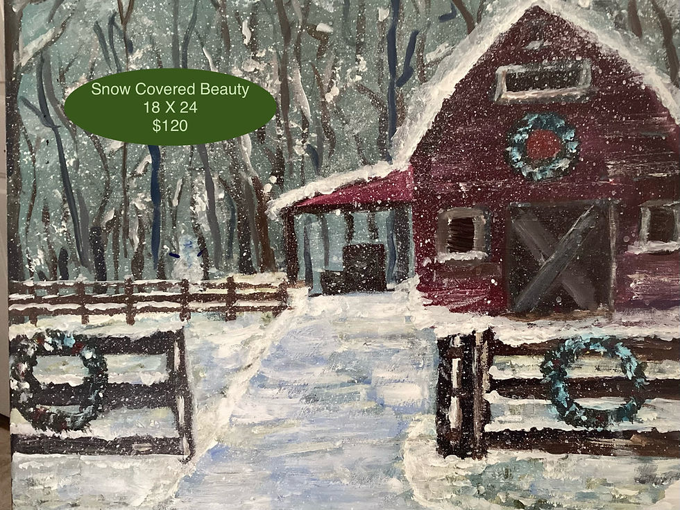 Snowy barn painting, "Snow Covered Beauty", 18 x 24, $120