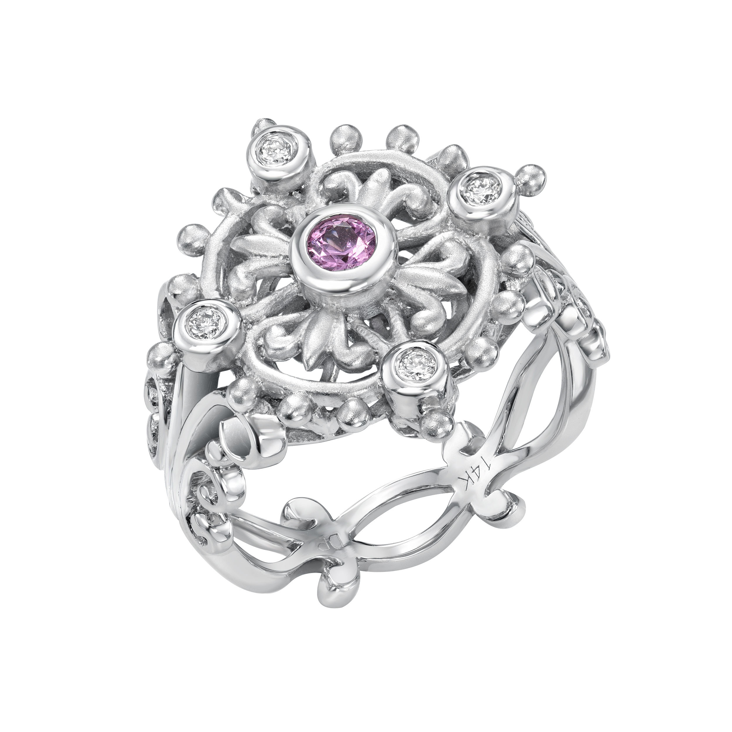 CIUR 14k White Gold Pink Sapphire & Diamond Filigree Ring