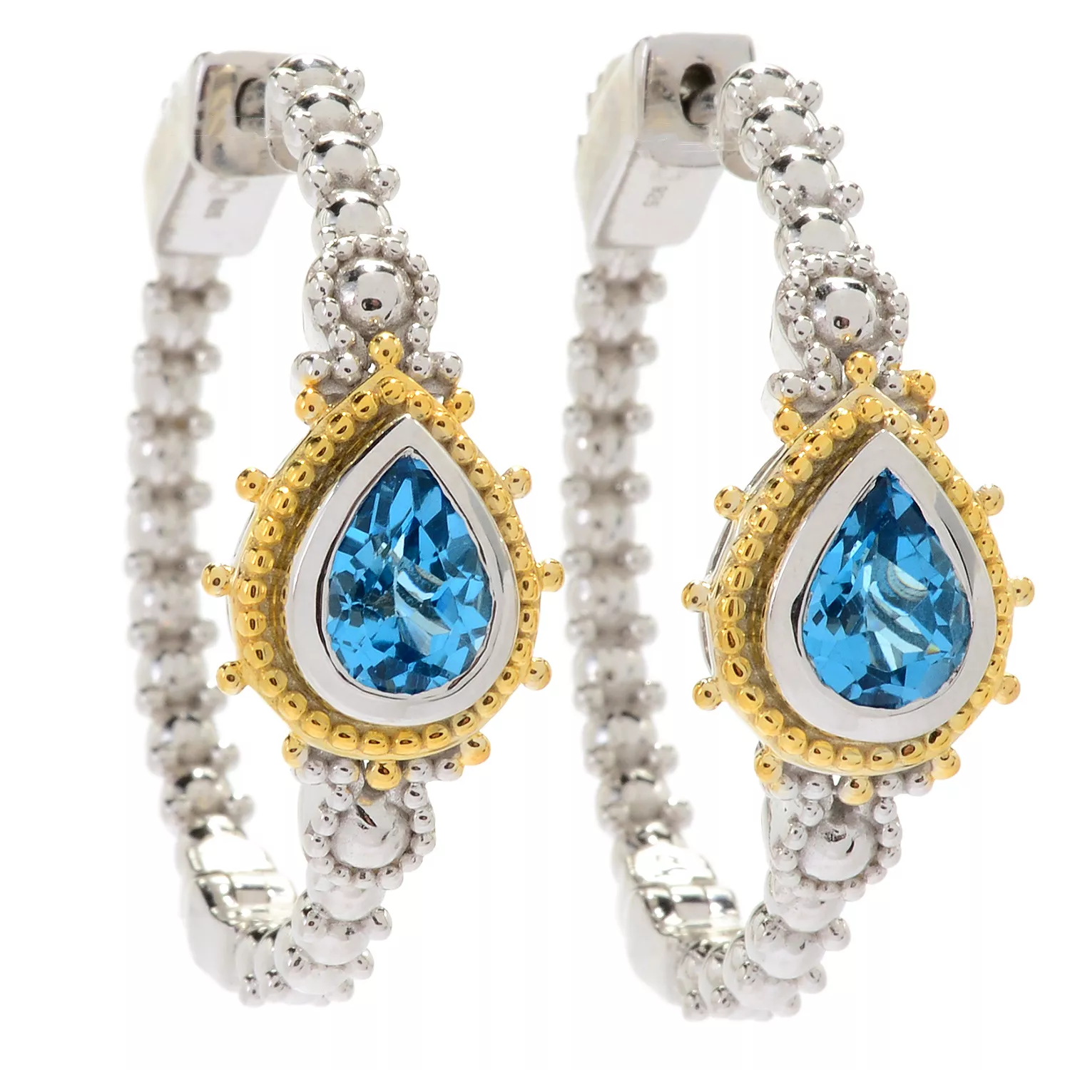 Two-Tone Beaded Swiss Blue Topaz Hoop Earring