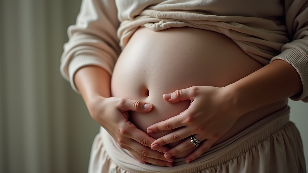 Close-up view of a doula’s hands gently supporting a pregnant belly