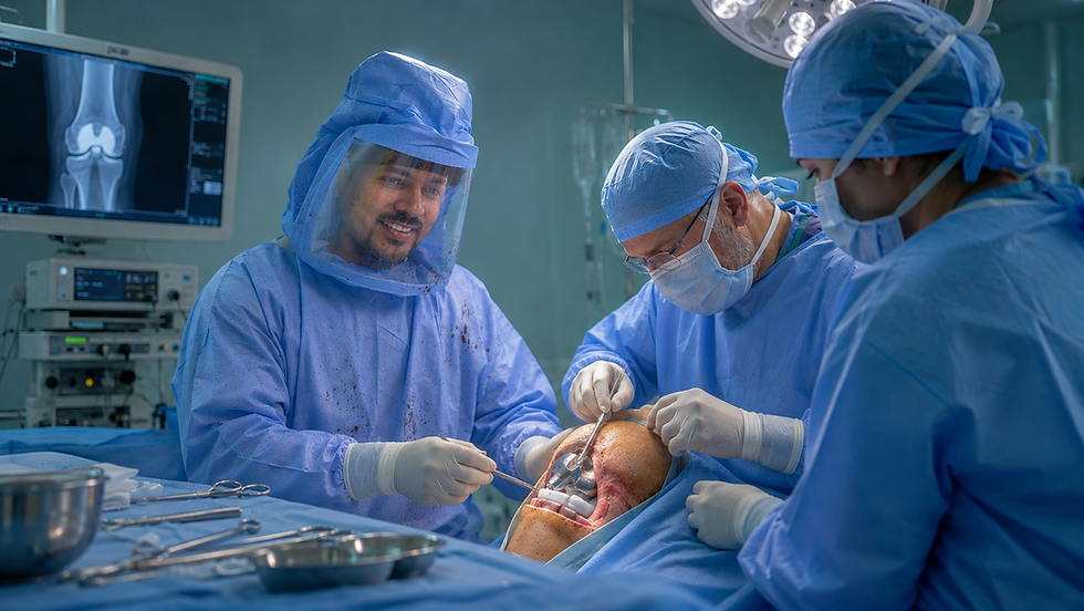 An orthopaedic surgeon wearing Vizbl surgical helmet to avoid surgical splashes.