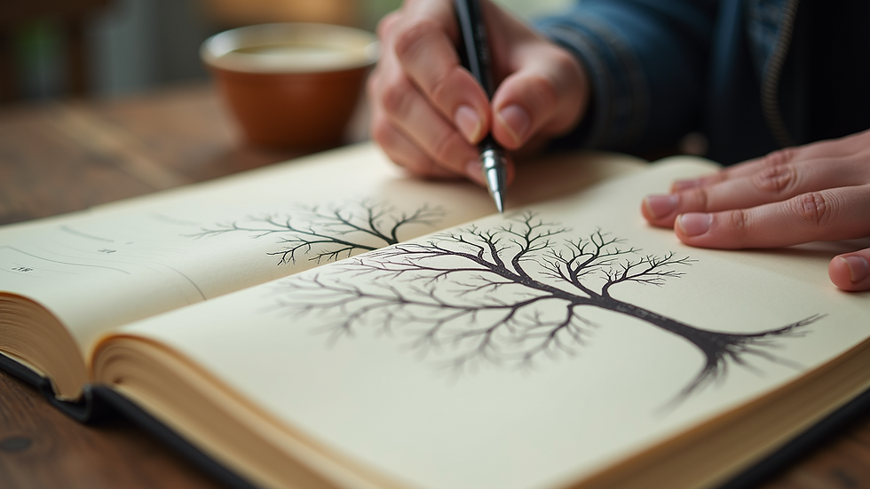 Vue rapprochée d'un arbre généalogique dessiné à la main sur un carnet ouvert