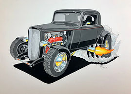 Hot Rod cartoon art painting of 33 Chevy by Dan Wildes