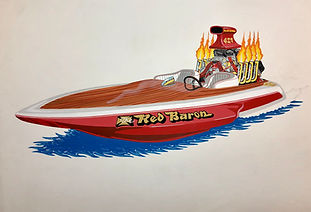 67 Stevens drag boat hot rod art cartoon painting by Dan Wildes