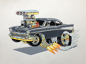 57 Chevy hot rod cartoon art painting by Dan Wildes