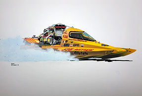 Drag boat hot rod cartoon art painting by Dan Wildes