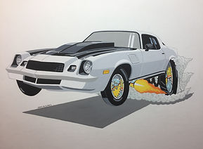 Chevy Camaro hot rod art cartoon painting by Dan Wildes