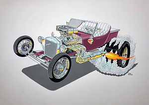 Ford T-Bucket cartoon hot rod art painting by Dan Wildes