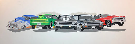 4 Novas & a Yenko Camaro hot rod cartoon art painting by Dan Wildes