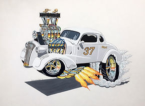 1937 Chevy with Olds engine hot rod cartoon art painting by Dan Wildes