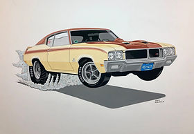 70 Buick GSX cartoon hot rod art painting by Dan Wildes