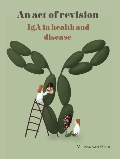 PhD thesis cover design with scientists in lab coats investigating a giant antibody, illustrating IgA's role in health and disease.