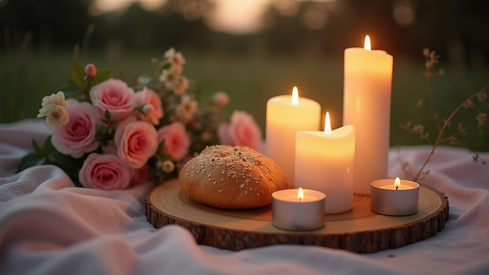 Close-up view of a romantic picnic setup with candles and flowers