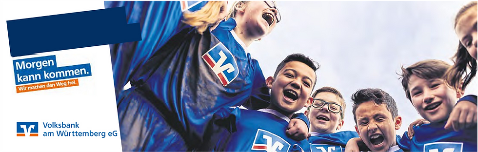Werbebanner Lachende Kinder in blauen Trikots mit Text: Morgen kann kommen, Volksbank am Württemberg eG.