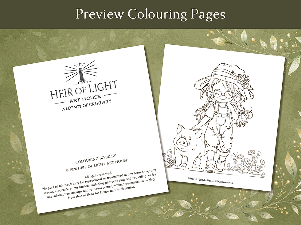 Thumbnail: Creatures Great & Small colouring book preview with copyright page and piglet line art.