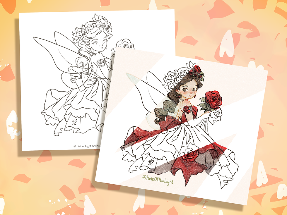 Rose fairy colouring page with a fairy holding a rose and wearing a flowing dress, printable spring fairy line art