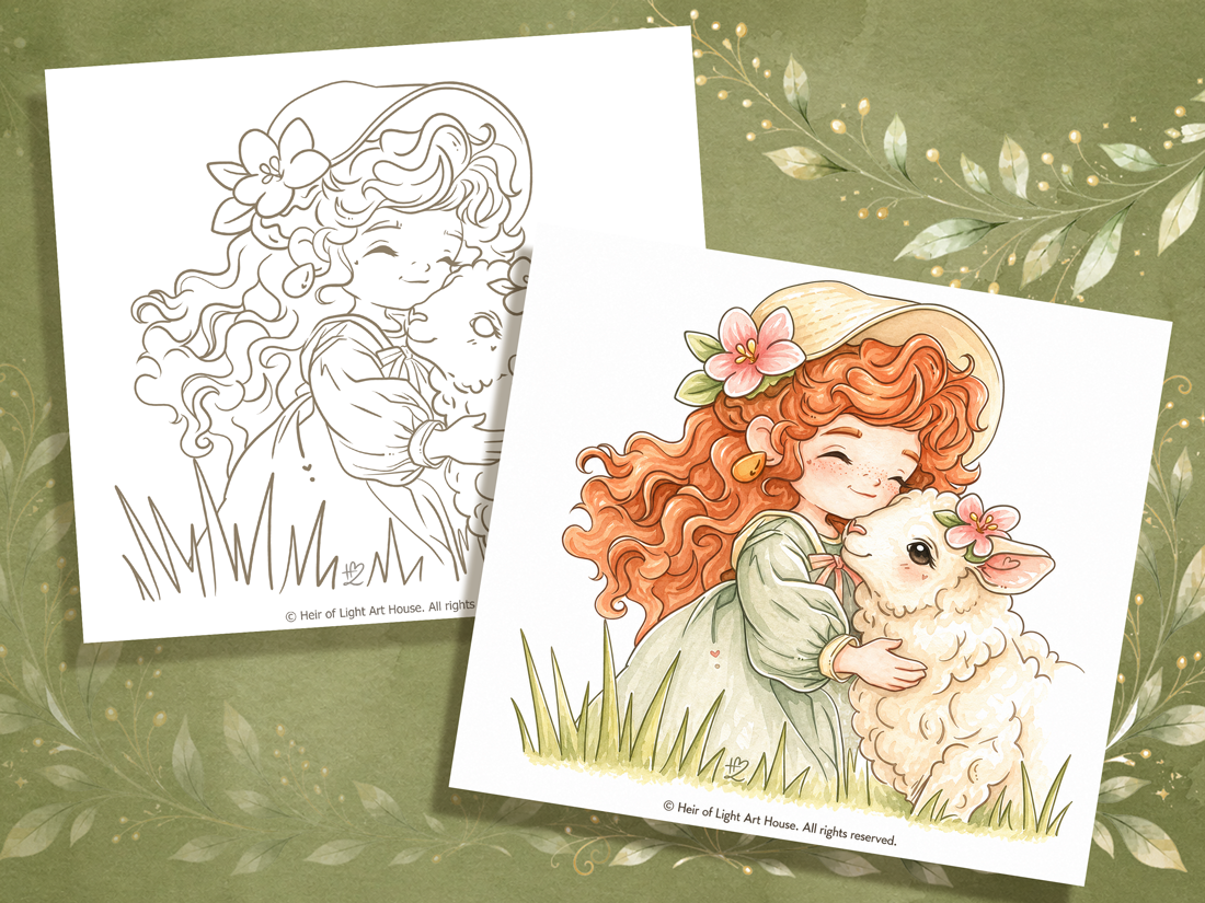 Girl and lamb colouring page, spring illustration with flowers and soft lines