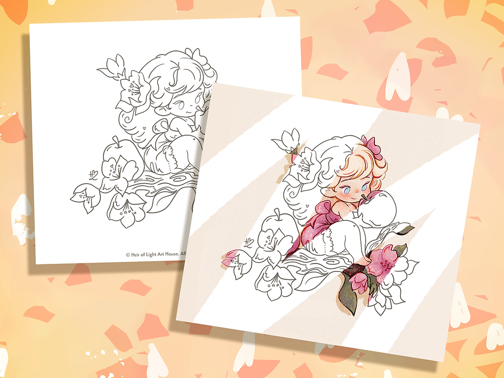 Plum blossom fairy colouring page with a seated fairy holding fruit among blossoms, printable spring fairy line art