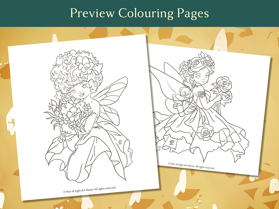 Preview of spring fairy colouring pages with two hand-drawn floral fairy illustrations in line art, printable digital colouri