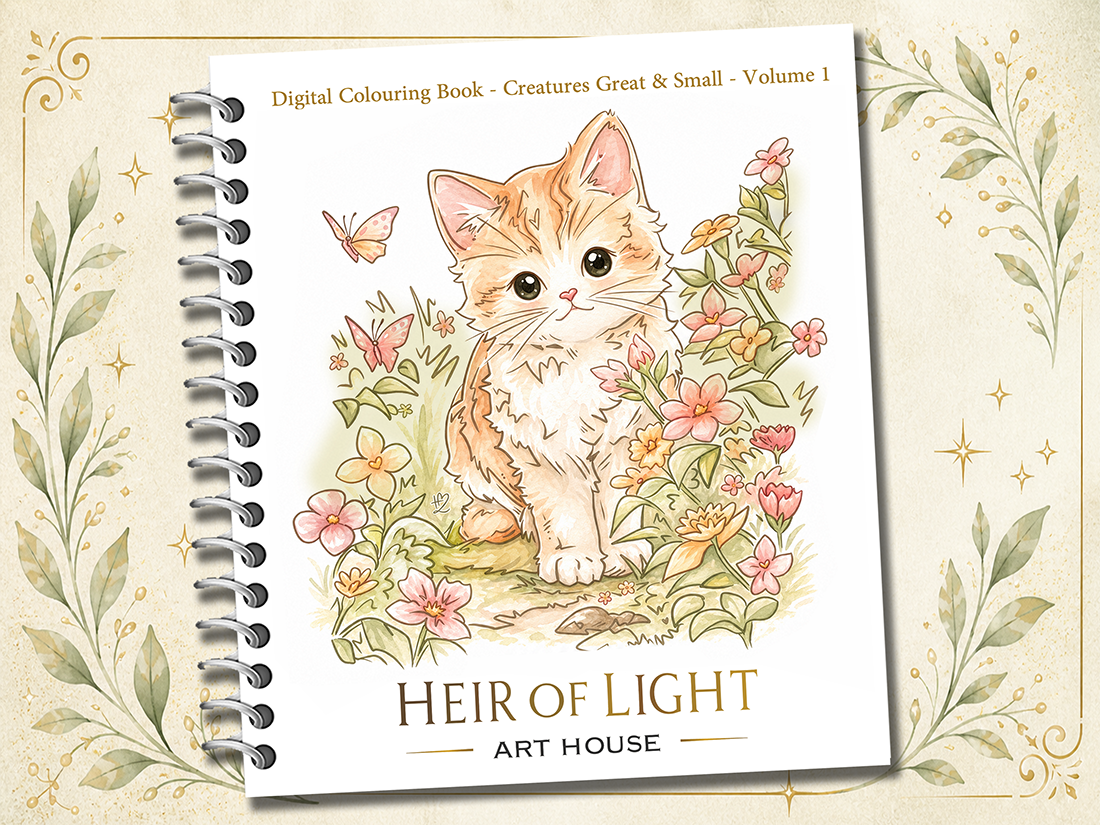 Creatures Great & Small Volume 1 digital colouring book cover featuring a kitten in flowers.
