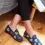 Miniature : Chaussons femmes, bleus avec motifs fleurs, chauds, très confortable