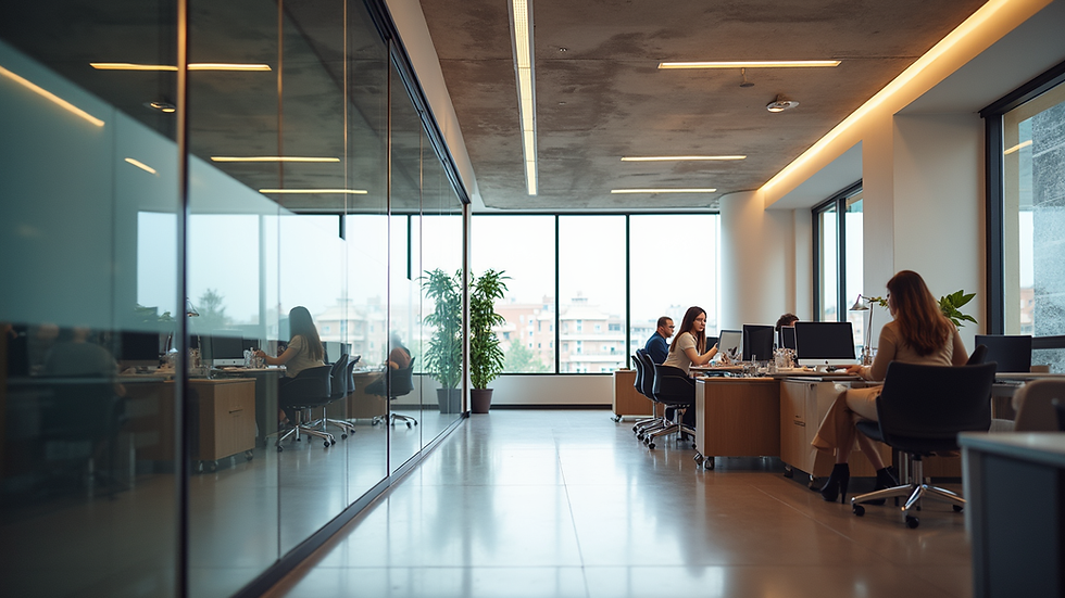 Eye-level view of a modern office space with collaborative work areas