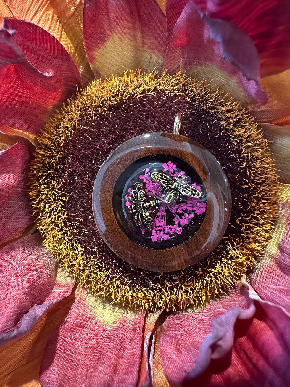 Thumbnail: bee pendant with dried flowers set in round wood pendant and high quality resin