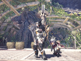 Hunter in Nergigante Armor with Lance and Palico