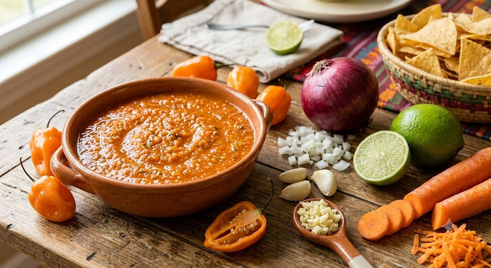 Wide landscape photo of a rustic wooden table with a bowl of orange salsa surrounded by peppers, onion, lime, garlic, carrots, and tortilla chips.
