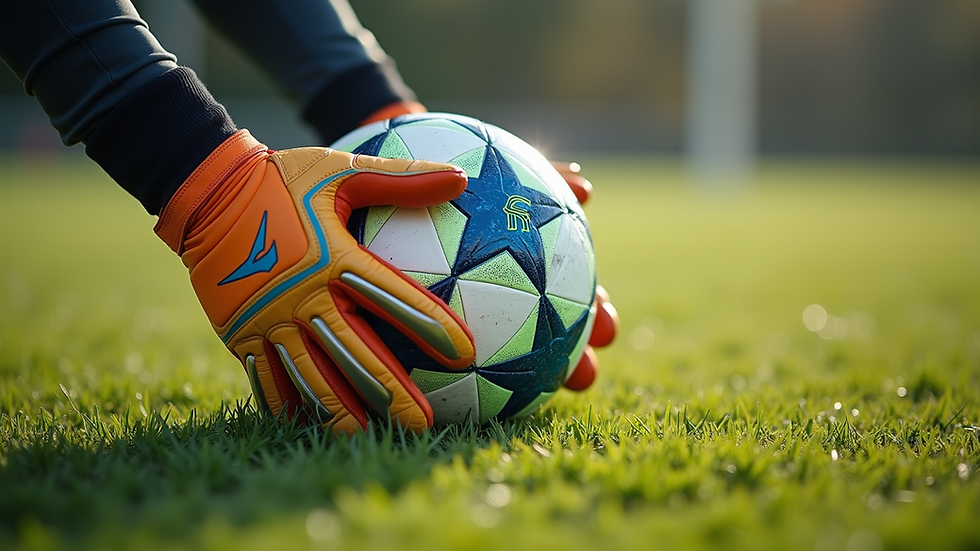 Close-up view of goalkeeper gloves and ball on the grass
