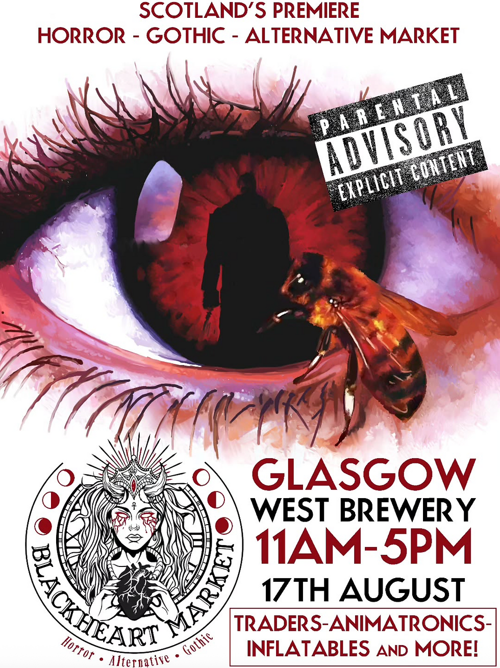 Close-up of an eye with a bee on the lashes; silhouette inside the eye. Text: Scotland's premiere horror market, Glasgow West Brewery, 11AM-5PM, 17th August. Parental advisory.