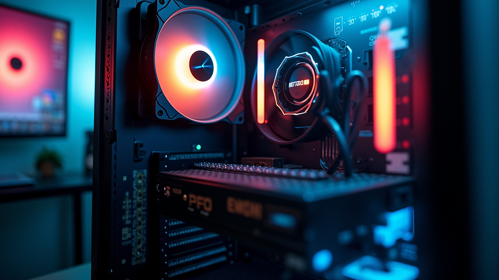 Eye-level view of a gaming PC case highlighting its cooling system