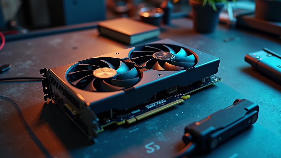 High angle view of a powerful graphics card placed on a worktable