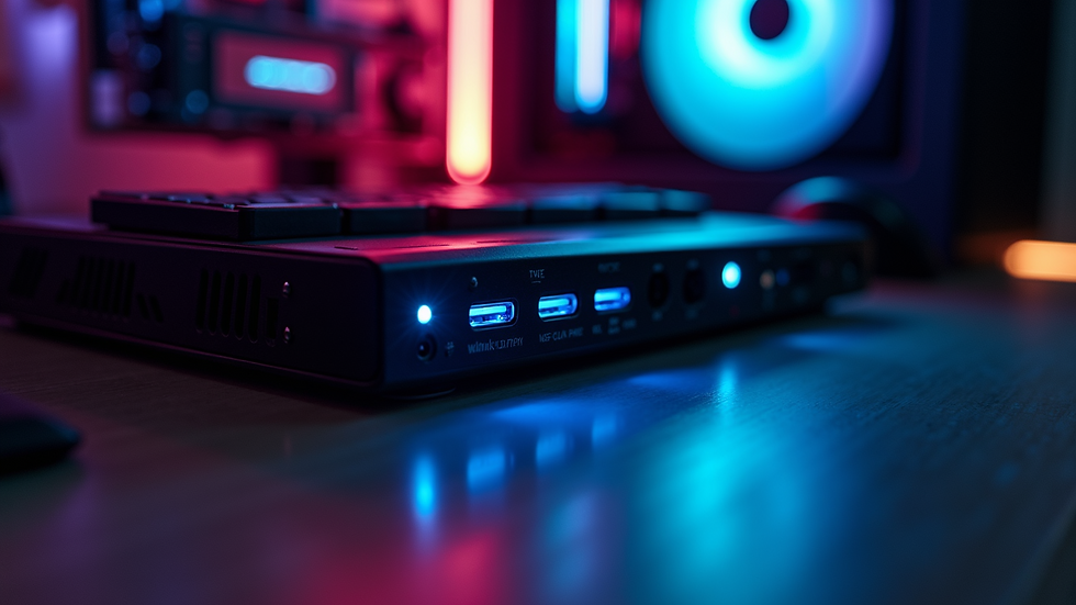 High angle view of a gaming PC with RGB lighting and multiple USB ports