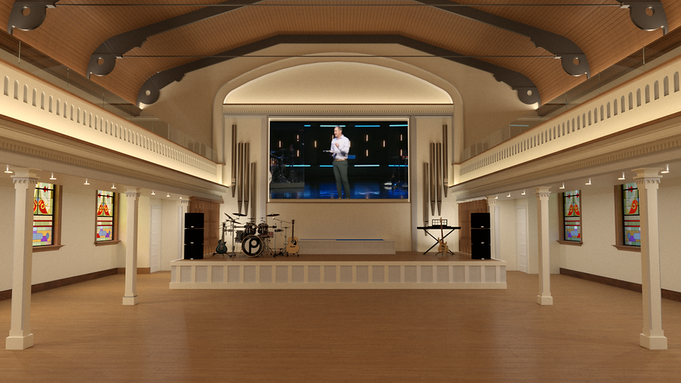 A 3D rendering of the architectural design of The Point Church Ridge Street Campus, in Charlottesville