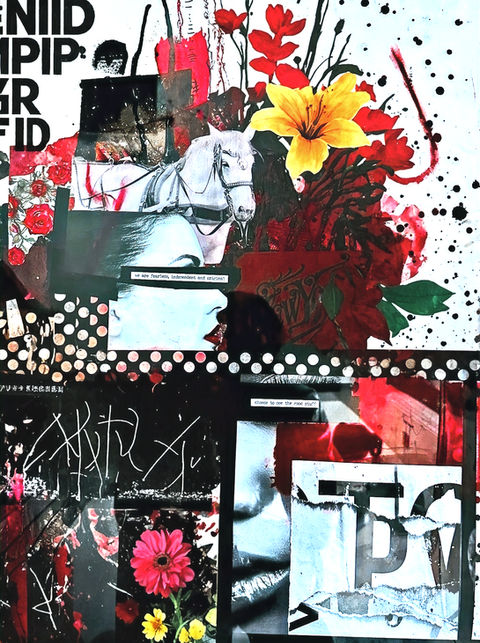 A  red , black and white collage of a woman's face, flowers, and text. . The image is a combination of vintage photography, illustration, and handwritten notes.