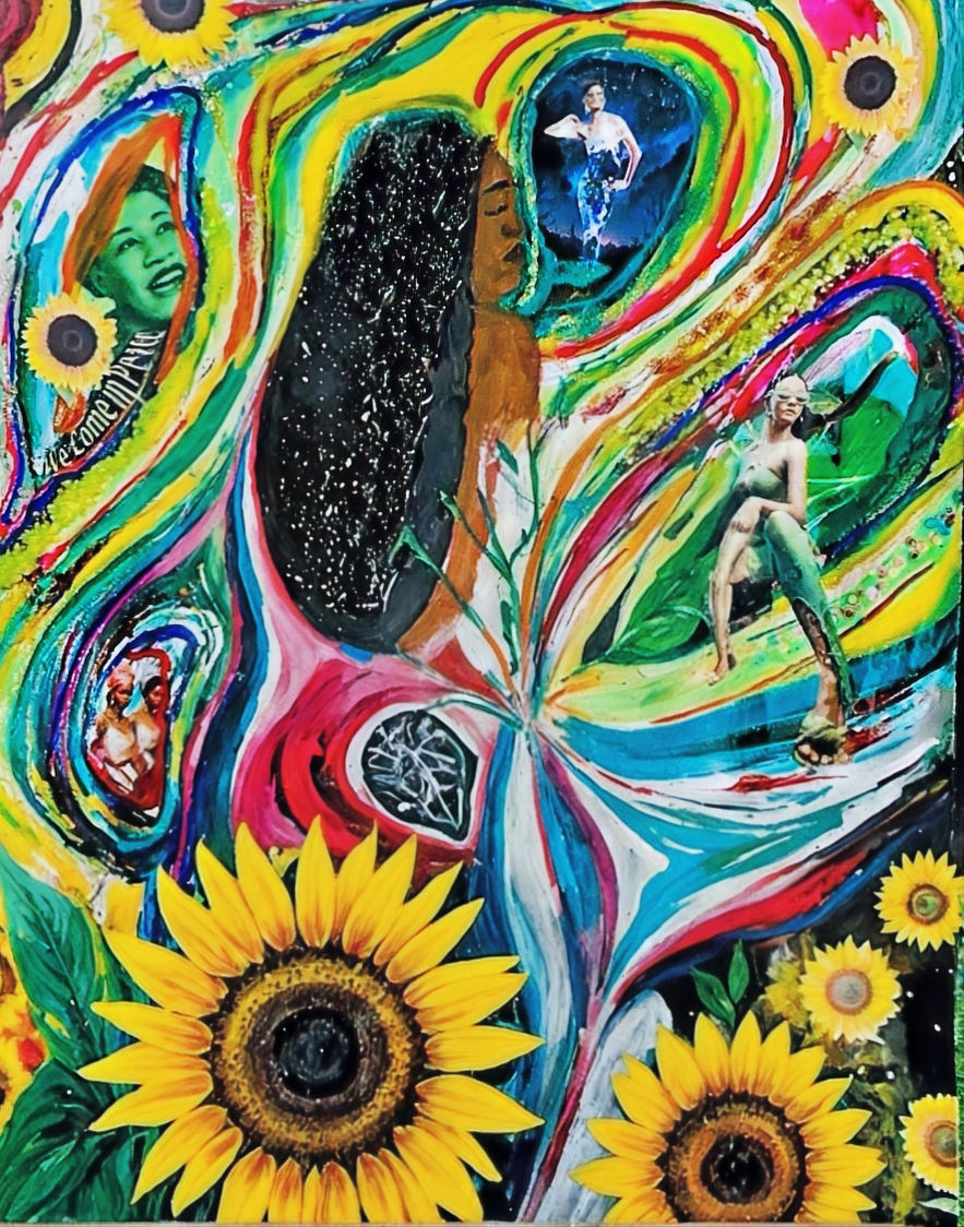 The artwork "Little Sunflower Seed" symbolizes growth and transformation, celebrating the beauty and complexity of identity. Using sunflowers as a symbol of hope and resilience, it illustrates the journey of self-discovery through images of women. The piece emphasizes potential and the inspiring strength that comes from blooming, highlighting the inherent power within each seed to flourish.