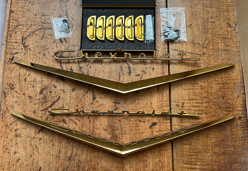 Thumbnail: 1957 Chevy Hood & Trunk Vee Chevrolet Scripts & Fender Louver SET GOLD NEW