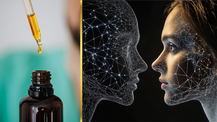A dropper releasing golden oil into a brown glass bottle on the left, while on the right a woman faces a digital wireframe head composed of glowing neural connections, symbolizing the link between Nasya oil and the mind–body network.
