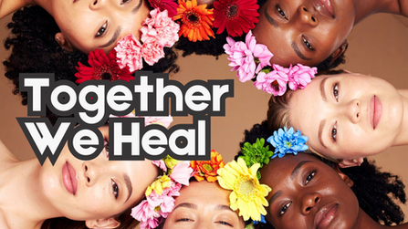A circle of diverse women lying down with their heads together, adorned with colorful flower crowns, symbolizing unity, healing, and empowerment. Megan Haggett created this image.