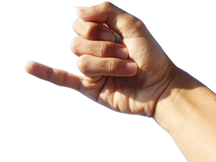 Hand making a gesture with the pinky finger extended and the other fingers curled inward, set against a white background.