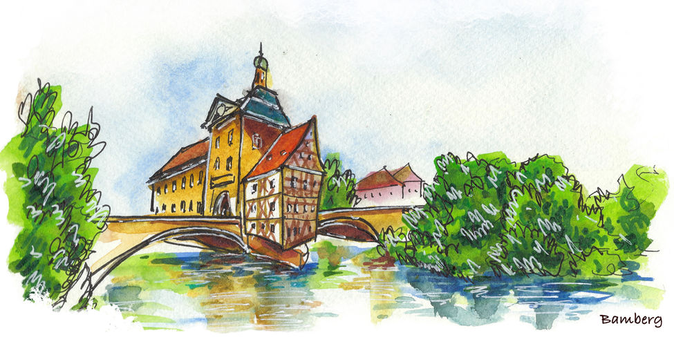 Stadtskizze des Bamberger Rathauses in Aquarell und Tinte, die Familienmomente und den Charme der Stadt einfängt.